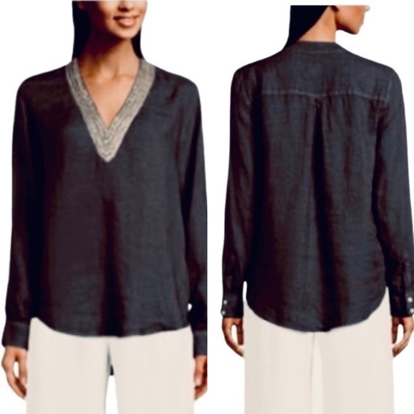 120% LINO Long Sleeve Blouse V-Neck Sequin Embellished Popover Linen Shirt NEW - Picture 5 of 14